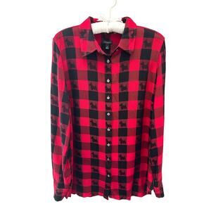 TALBOTS Red & Black Buffalo Plaid Dog Print Button Front Shirt New | Medium